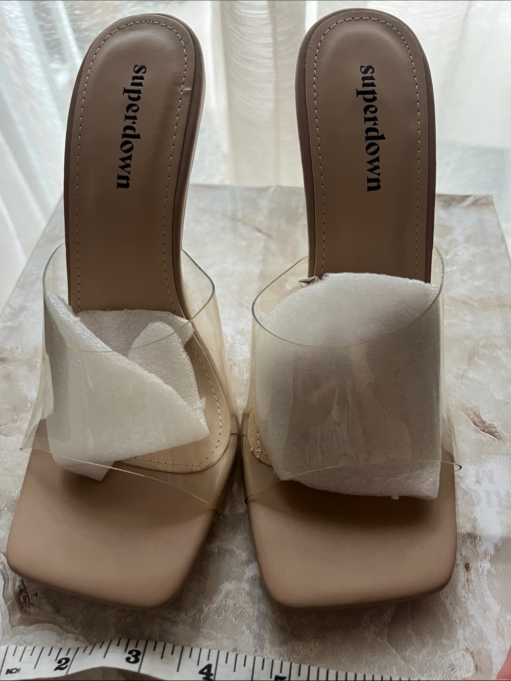 SUPERDOWN Clear Strap Nude Heeled Sandals with Gold AccenT